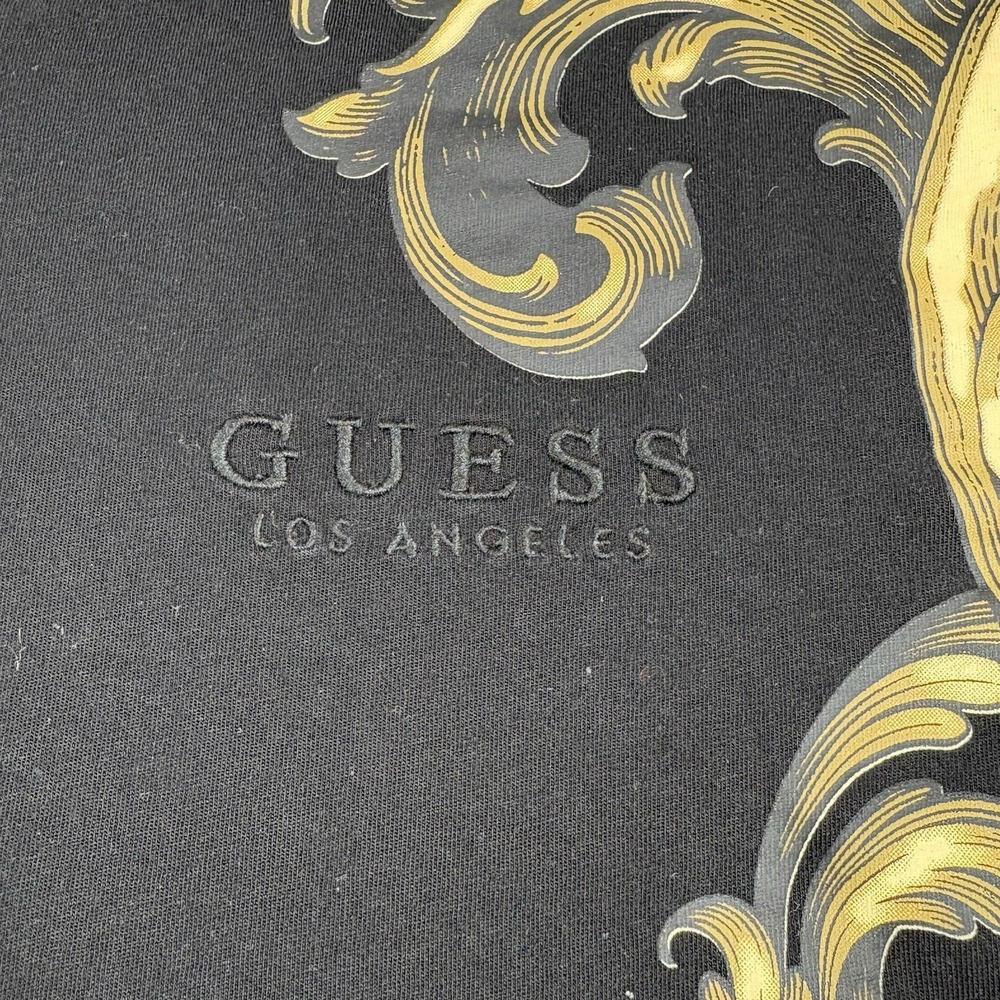 Guess Los Angeles Baroque Print V Neck T Shirt Mens M Black Gold Scroll Graphic - Picture 3 of 9